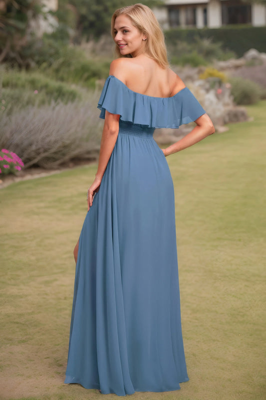 A-Line/Princess Chiffon Ruffles Off-the-Shoulder Short Sleeves Floor-Length Bridesmaid Dresses - KAIDRESS