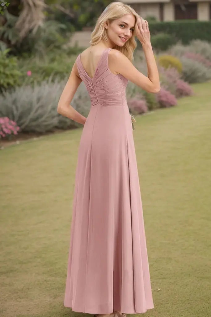 A-Line/Princess Chiffon Ruched V-neck Sleeveless Floor-Length Bridesmaid Dresses - KAIDRESS