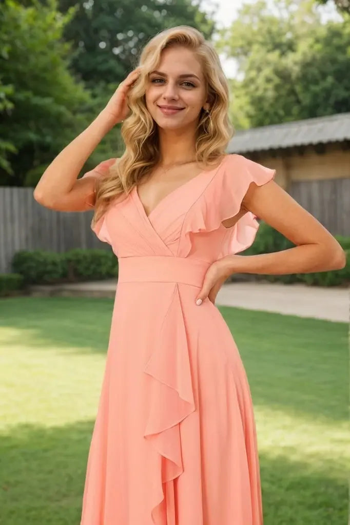 A-Line/Princess Chiffon Ruffles V-neck Sleeveless Floor-Length Bridesmaid Dresses - KAIDRESS