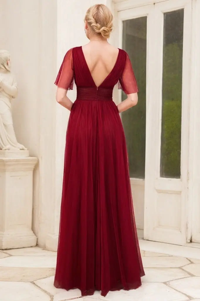 A-Line/Princess Tulle Ruffles V-neck Short Sleeves Floor-Length Bridesmaid Dresses - KAIDRESS