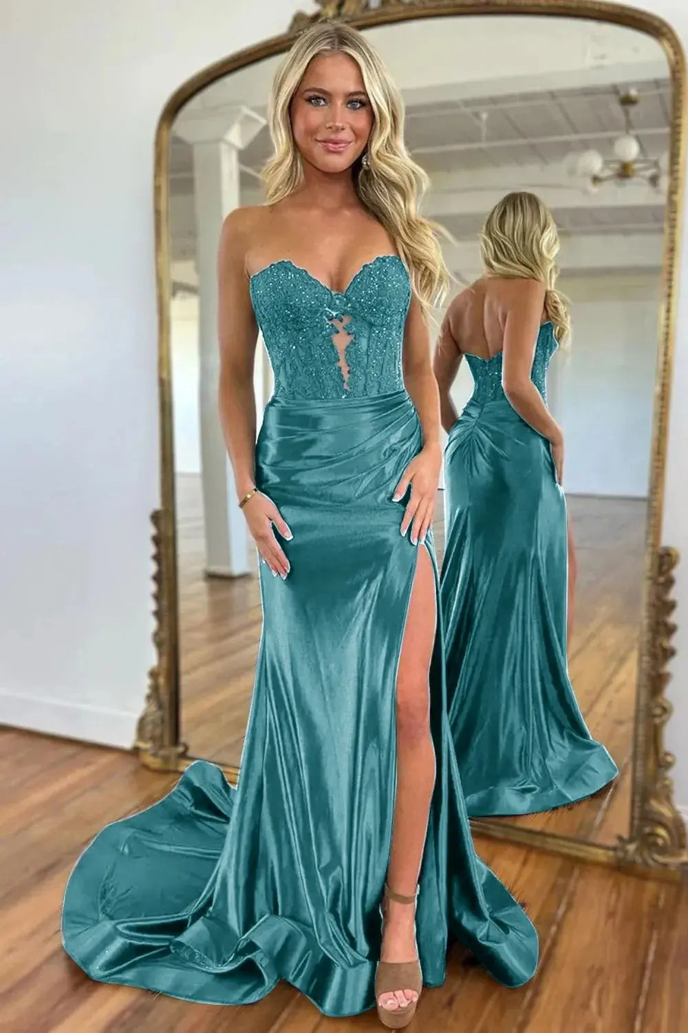 Mermaid Navy Sweetheart Long Corset Prom Dress with Slit - KAIDRESS