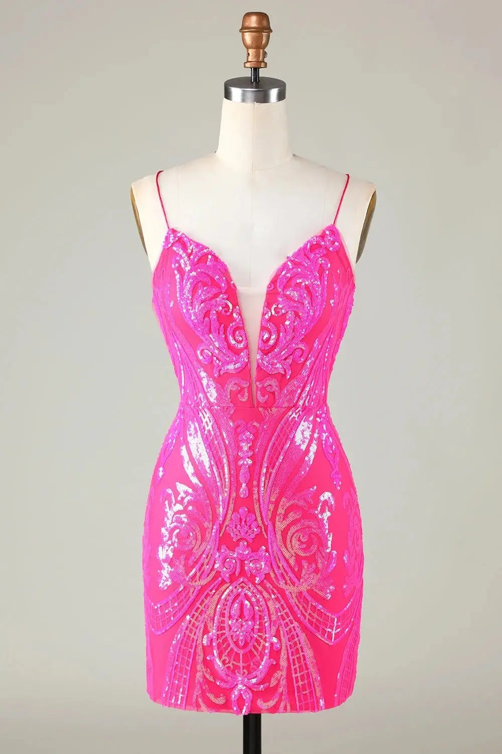 Stylish Bodycon Spaghetti Straps Hot Pink Short Homecoming Dress with Criss Cross Back - KAIDRESS