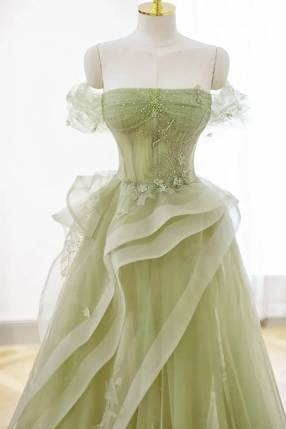 A-Line/Princess Green Tulle Long Floor Length Prom Dress Lace Evening Dress - KAIDRESS