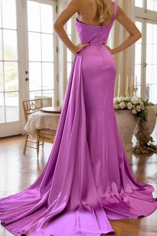 Trumpet/Mermaid One-Shoulder Sleeveless Sweep Train Satin Prom Dresses With Pleated - KAIDRESS