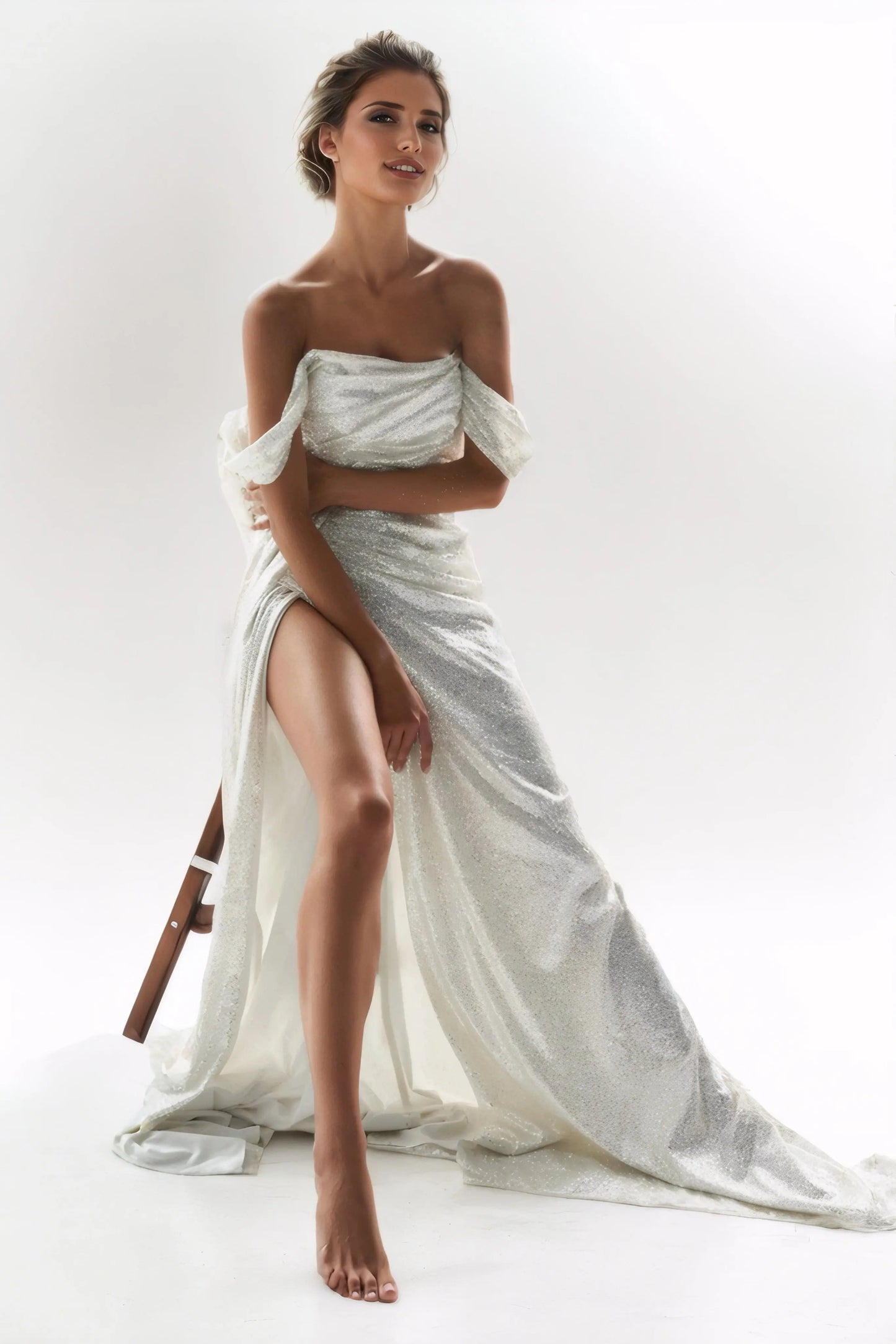 Off-Shoulder Sequin Evening Gown with Train & Thigh Slit for Wedding Guest and Prom - KAIDRESS