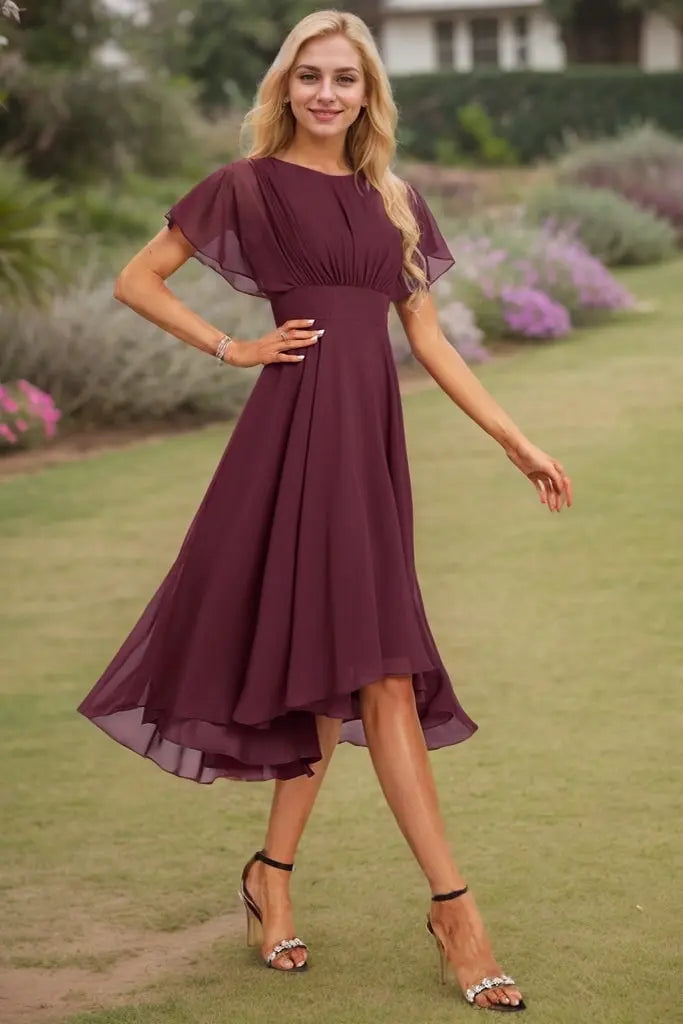 A-line Scoop Asymmetrical Chiffon Bridesmaid Dress With Ruffle - KAIDRESS