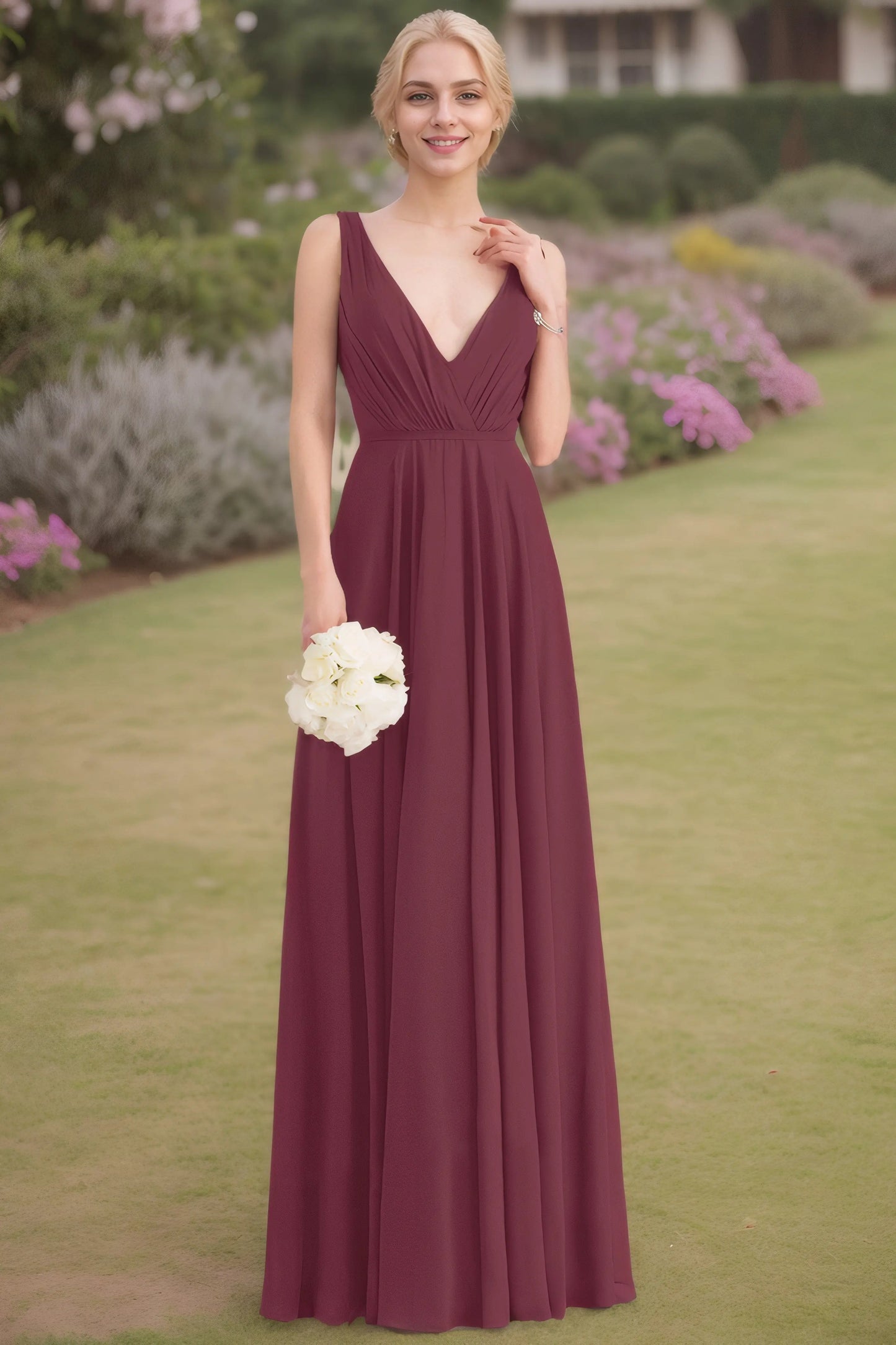 A-Line/Princess V-neck Sleeveless Ruched Floor-Length Chiffon Bridesmaid Dresses - KAIDRESS
