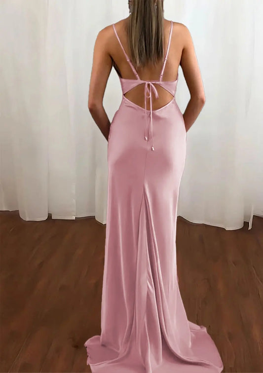 Sheath/Column Cowl Neck Spaghetti Straps Sweep Train Satin Prom Dress - KAIDRESS