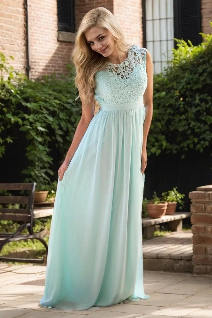 A Line Crew Neck Lace Modest Long Coral Prom Dresses Formal Evening Gowns - KAIDRESS