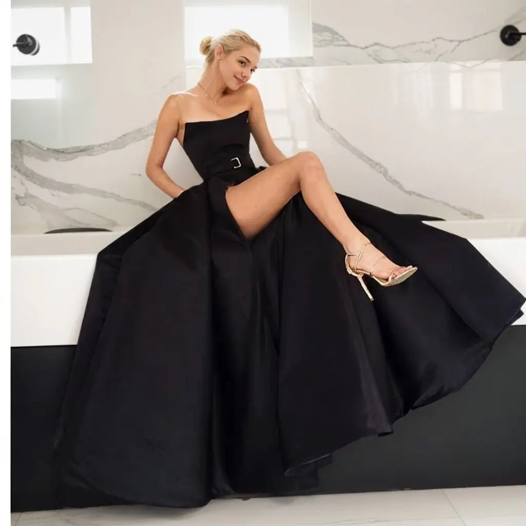 A-line Square Neckline Long/Floor-Length Satin Prom Dresses With Pockets Split - KAIDRESS