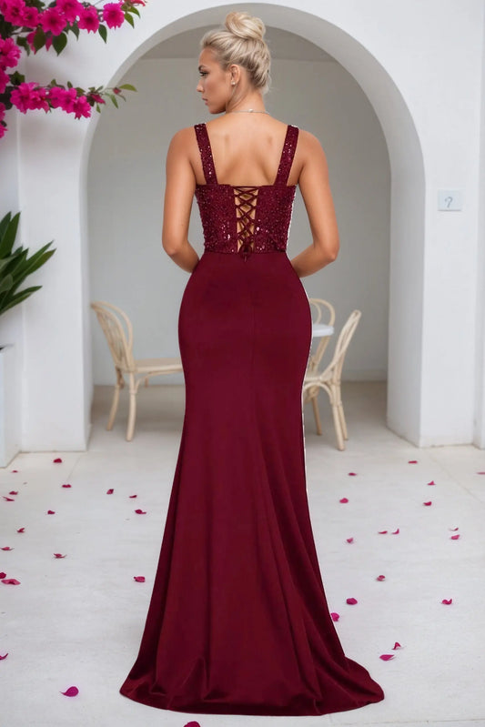 Mermaid Sequin Halter Formal Corset Long Sparkly Sleeveless Prom Dresses with slit - KAIDRESS