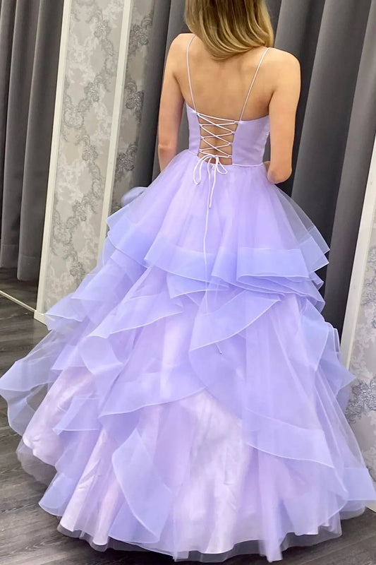 A-line V Neck Spaghetti Straps Long/Floor-Length Tulle Prom Dresses With Ruffles - KAIDRESS