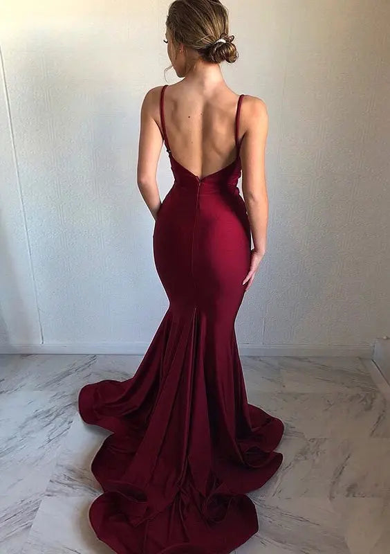 Trumpet/Mermaid V Neck Sleeveless Court Train Charmeuse Prom Dresses - KAIDRESS