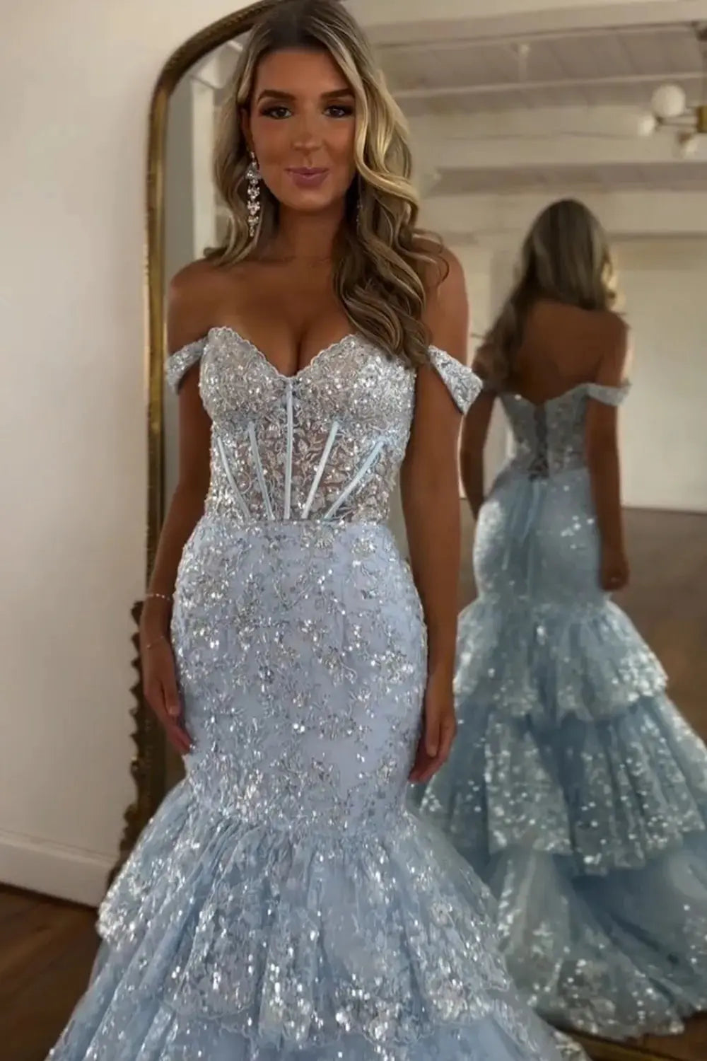 Light Blue Mermaid Off the Shoulder Tulle Tiered Long Corset Prom Dress with Sequins - KAIDRESS