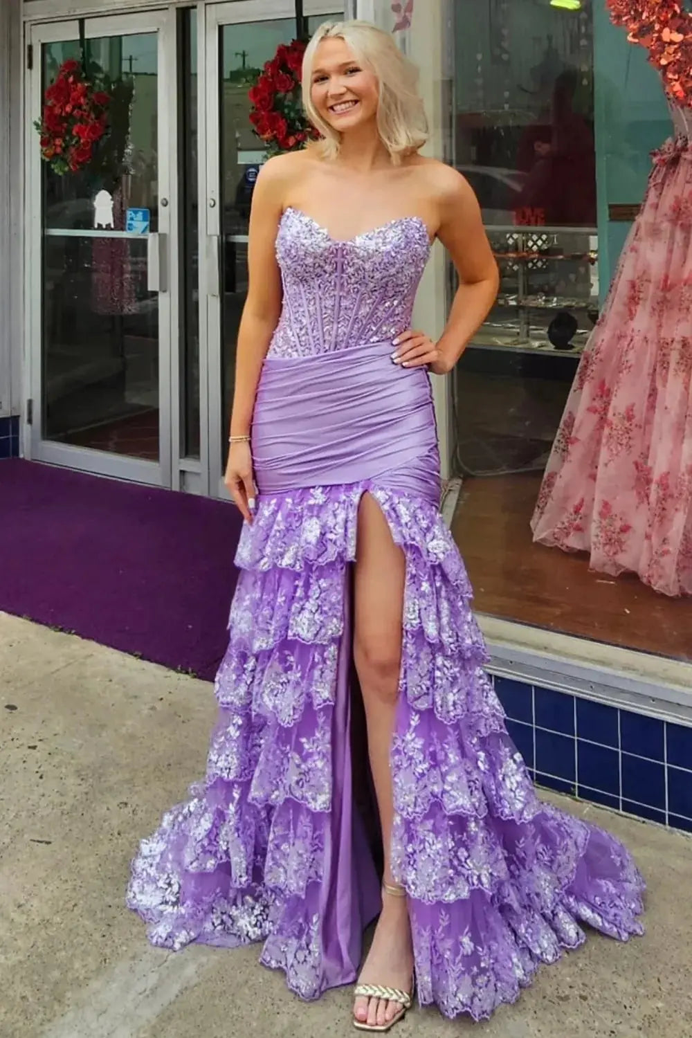 Red Sweetheart Mermaid Tulle Ruffled Long Corset Prom Dress with Sequin Appliques - KAIDRESS