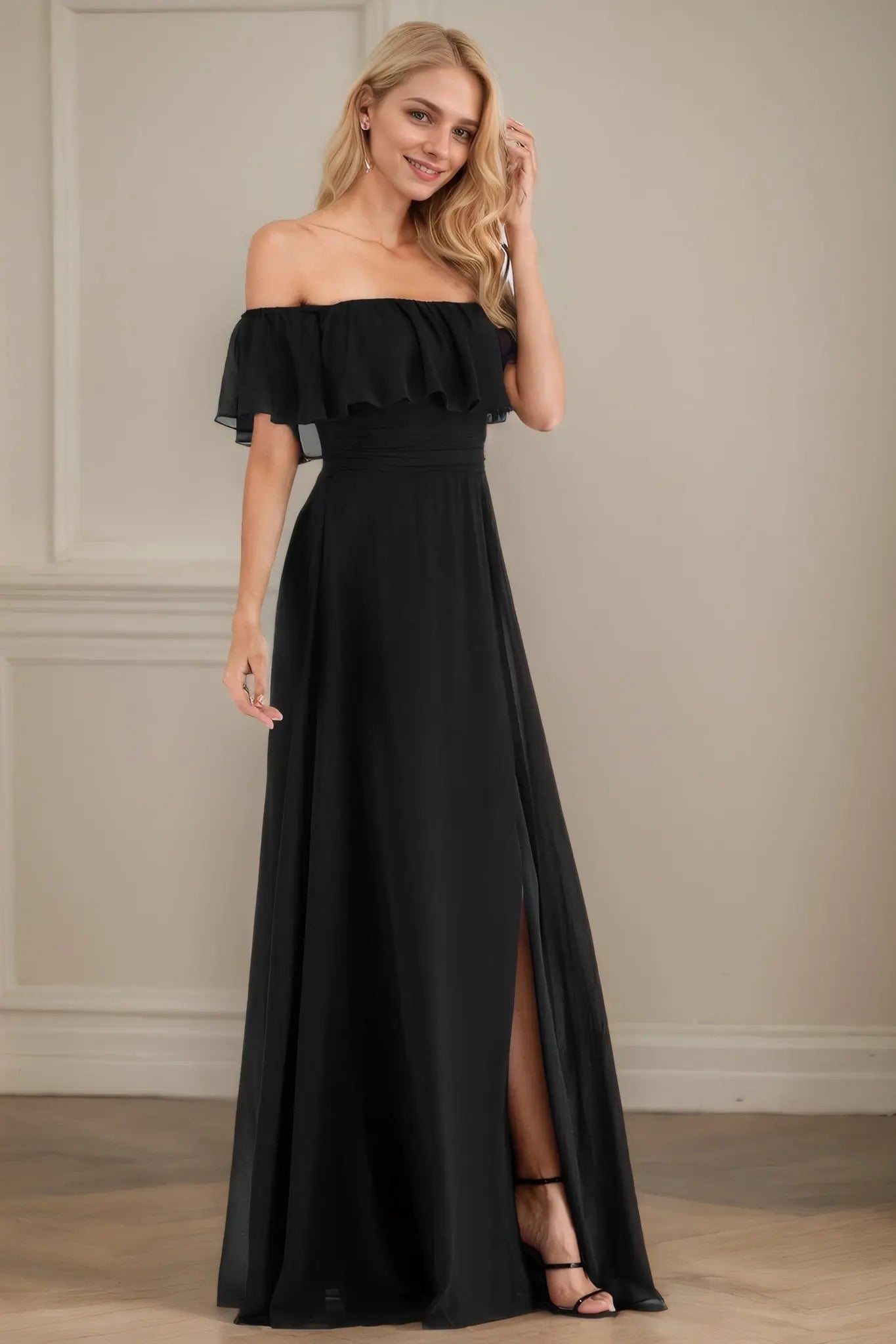 A-Line/Princess Chiffon Ruffles Off-the-Shoulder Short Sleeves Floor-Length Bridesmaid Dresses - KAIDRESS
