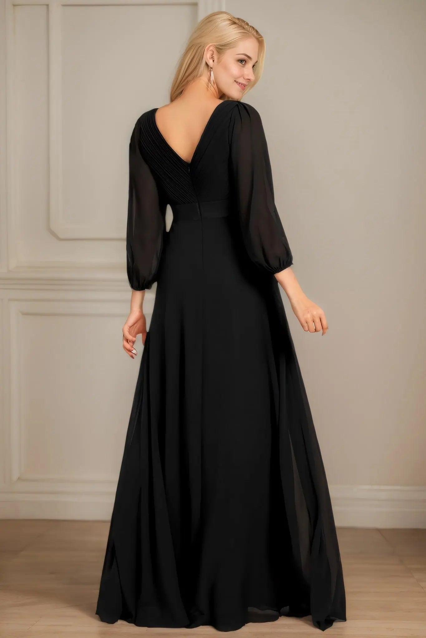 A-Line/Princess Chiffon Ruched V-neck Long Sleeves Floor-Length Bridesmaid Dresses - KAIDRESS