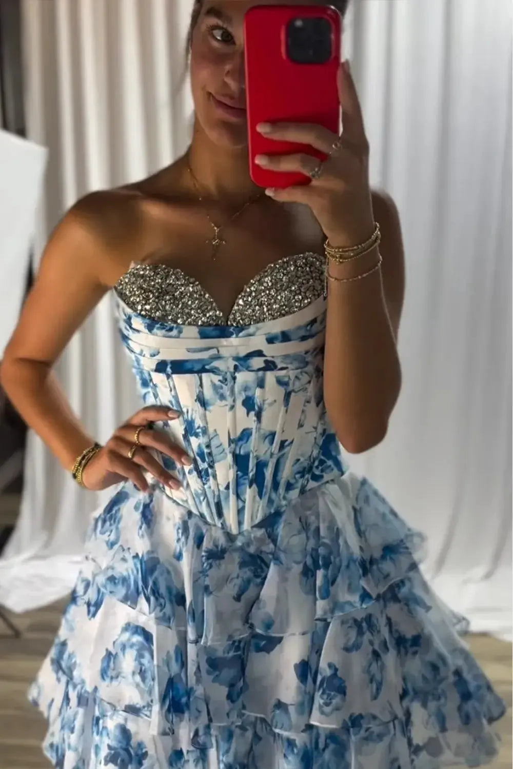 A Line Sparkly Pink Corset Short Floral Homecoming Dress with Beading - KAIDRESS
