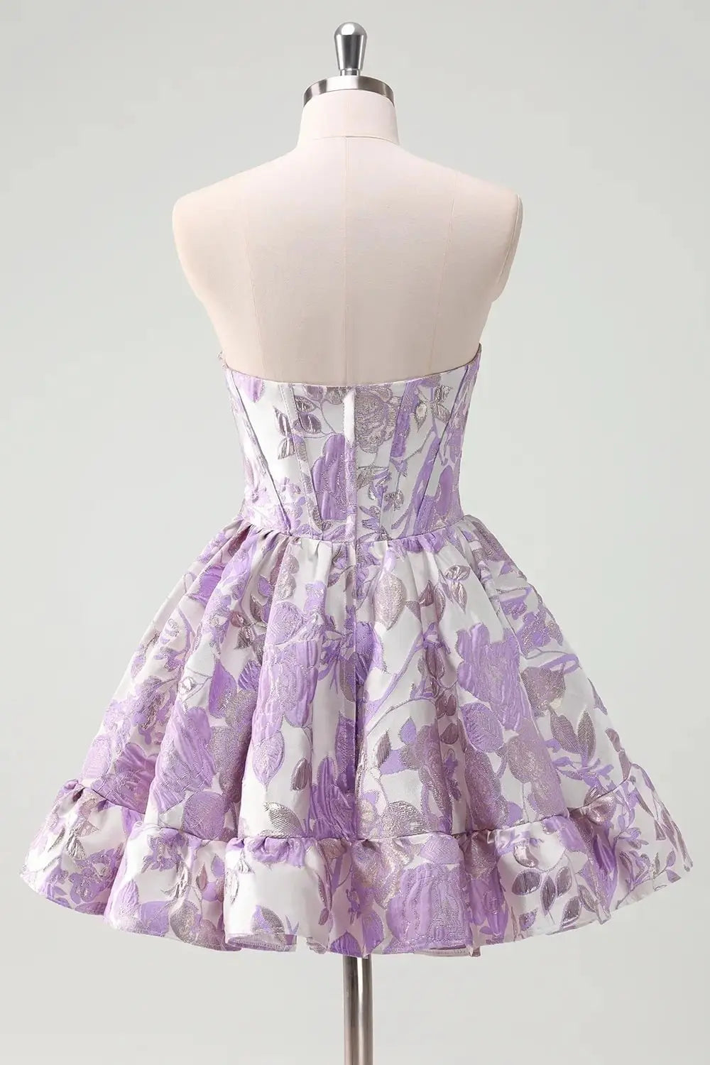 A Line Blue Strapless Floral Printed Corset Short Homecoming Dress with Ruffles - KAIDRESS
