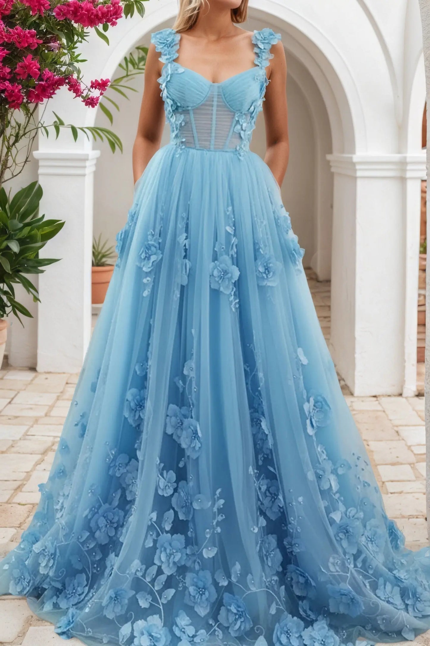 Lavender 3D Floral Lace A-Line Halter Sleeveless Long Formal Prom Dresses - KAIDRESS