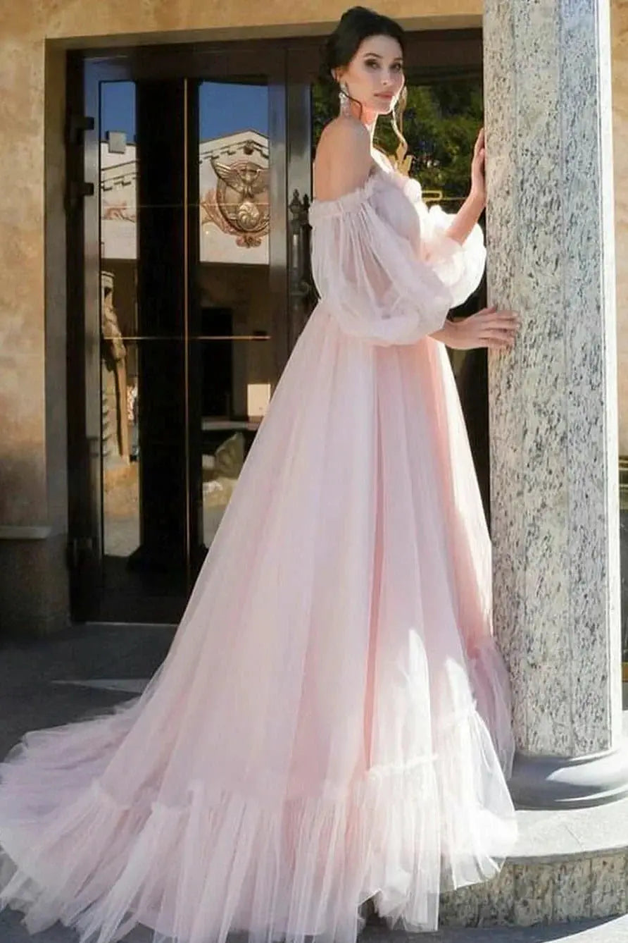 Kaidress 2026 Off-Shoulder Pink A-Line Long Sleeve Wedding Dress Custom