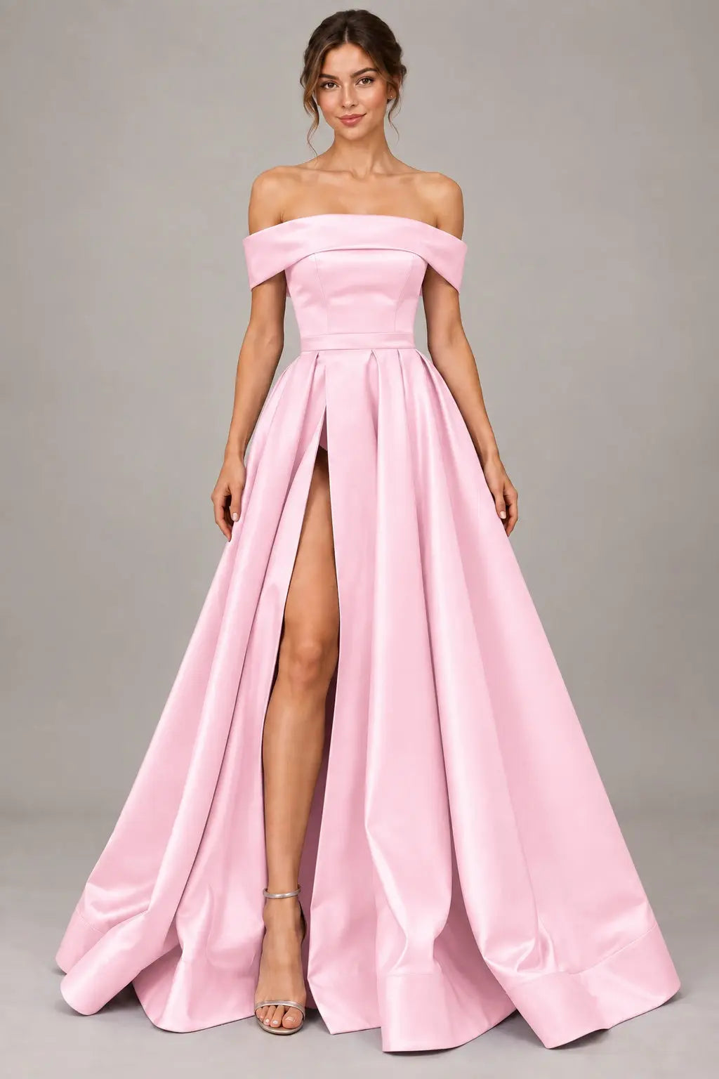A-line Off-the-Shoulder Sleeveless Long/Floor-Length Satin Prom Dresses With Split
