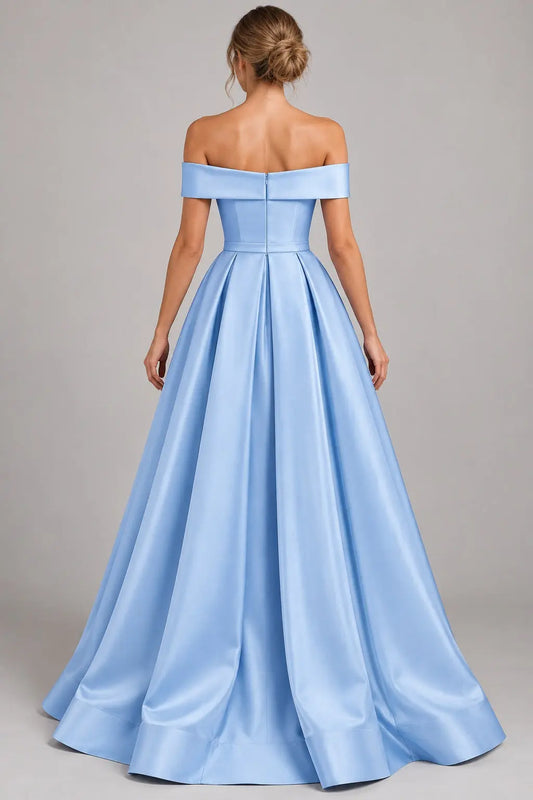 Kaidress Light Blue Satin Off-the-Shoulder A-Line Prom Dress with Slit