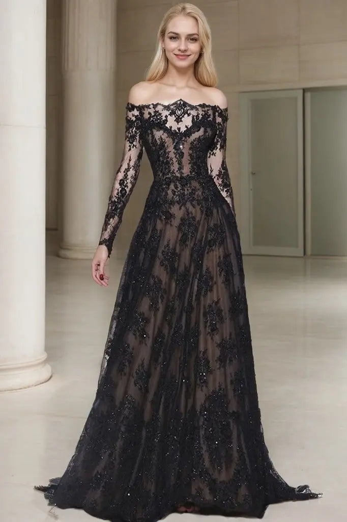 A-Line/Princess Off-the-Shoulder Long Sleeves Lace Sweep/Brush Train Prom Dresses