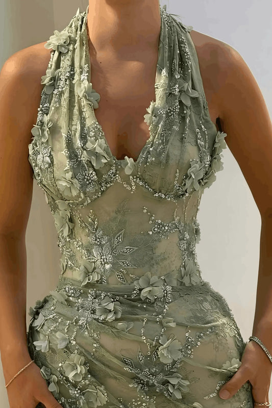 Sheath/Column Dreamy Lace 3D Floral Halter Homecoming Dress KAIDRESS