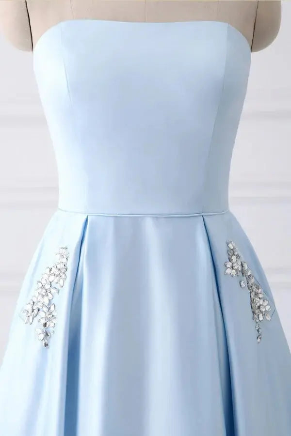 Light Blue Satin Long Prom Dresses with Pockets Formal Evening Gowns