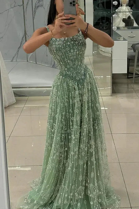 Luxury A-line Spaghetti Straps Beaded Lace Sweep Train Lace Prom Dress KAIDRESS
