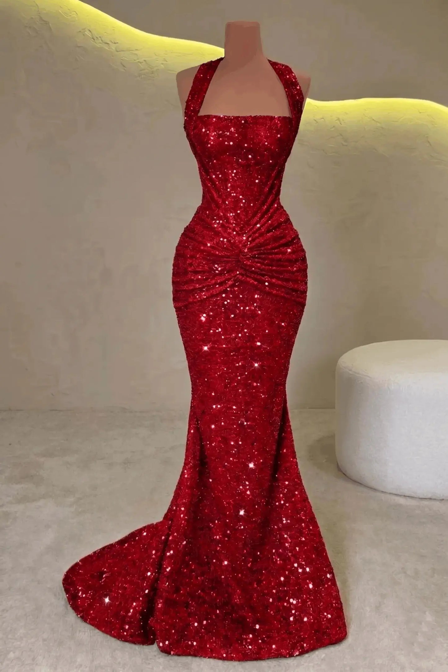Luxury Mermaid Straps Pleated Sweep Train Corset Sparkly Prom Dress KAIDRESS