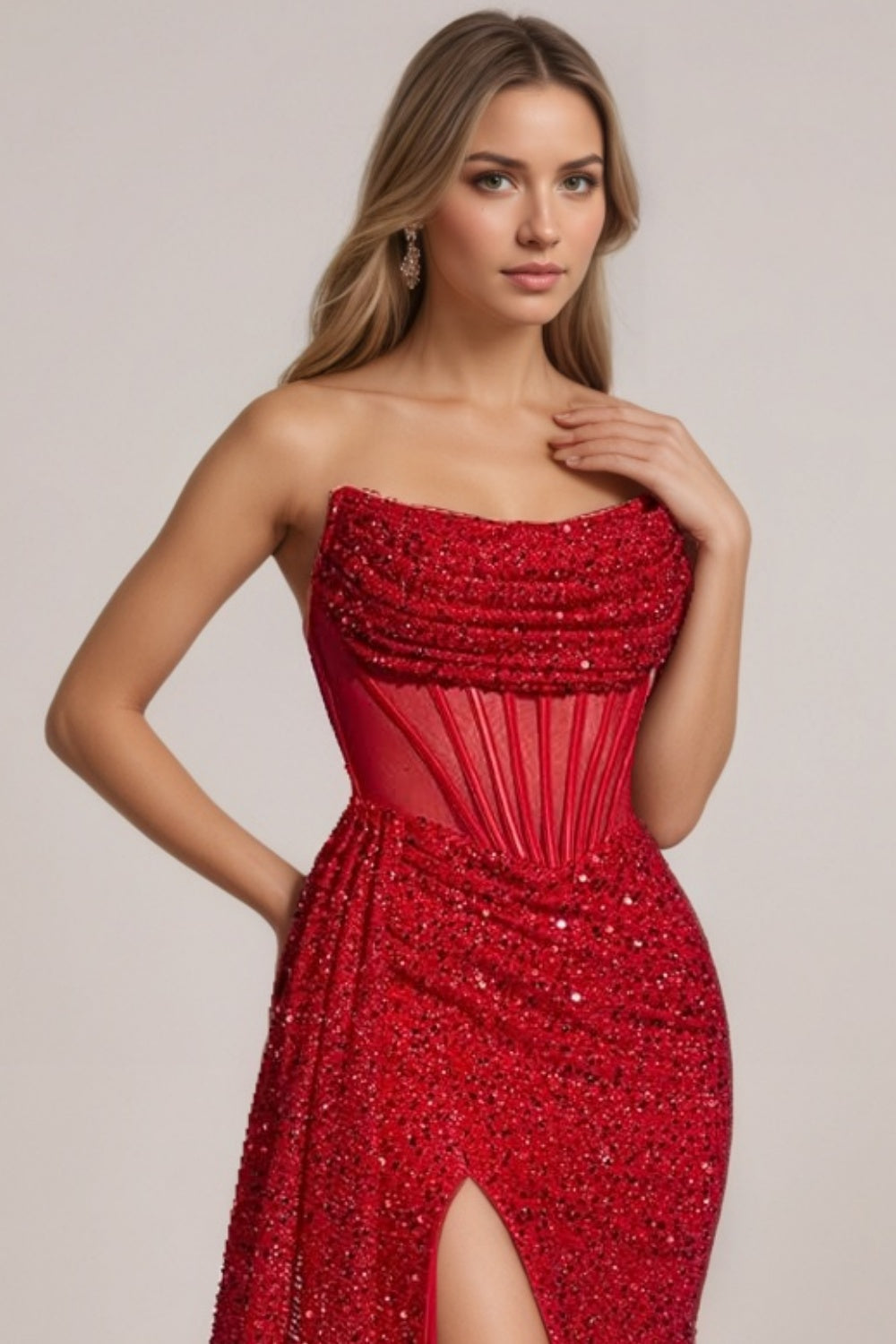 Mermaid Sequin Strapless Red Long Formal Prom Dresses Corset Split Ball Gowns