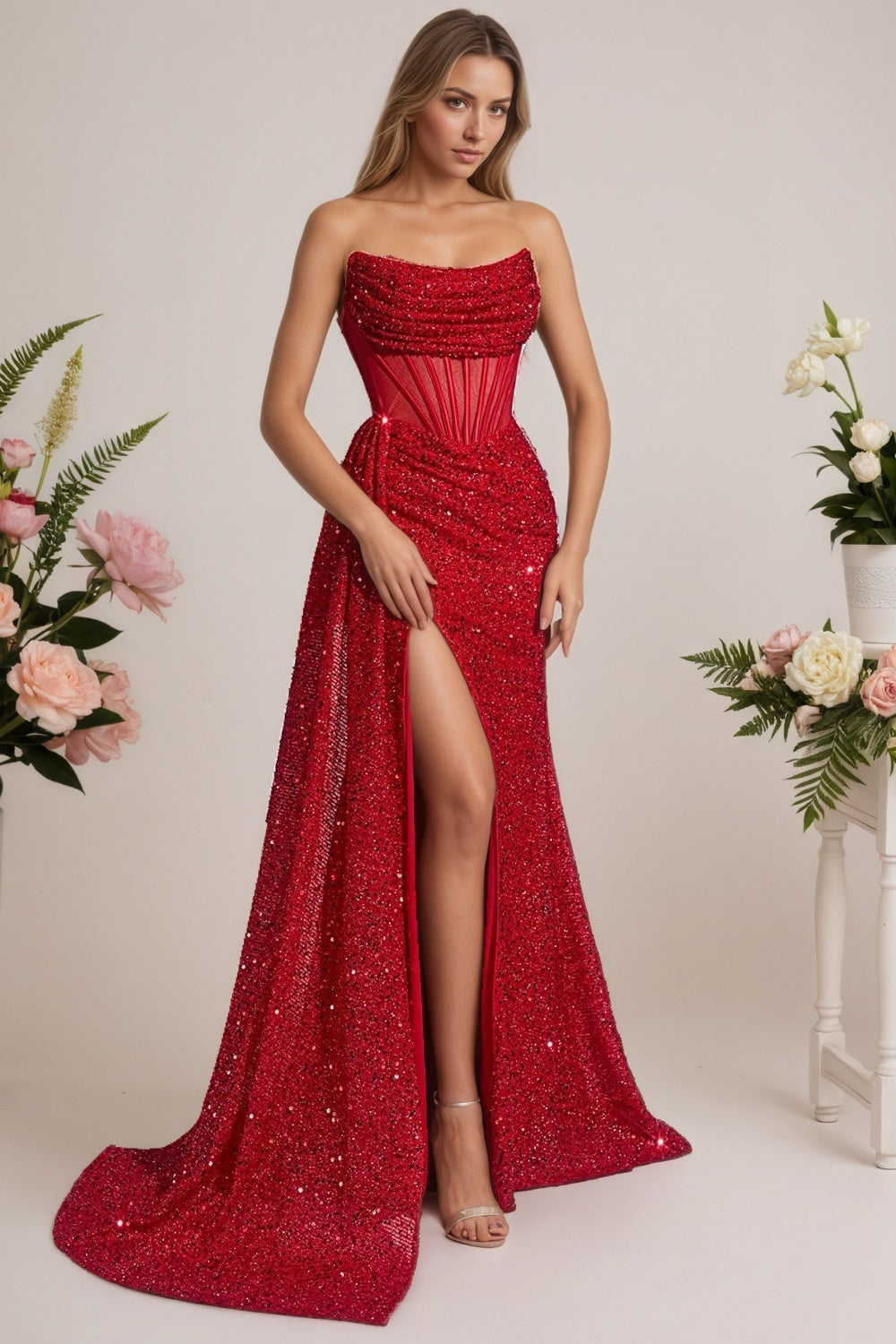 Mermaid Sequin Strapless Red Long Formal Prom Dresses Corset Split Ball Gowns