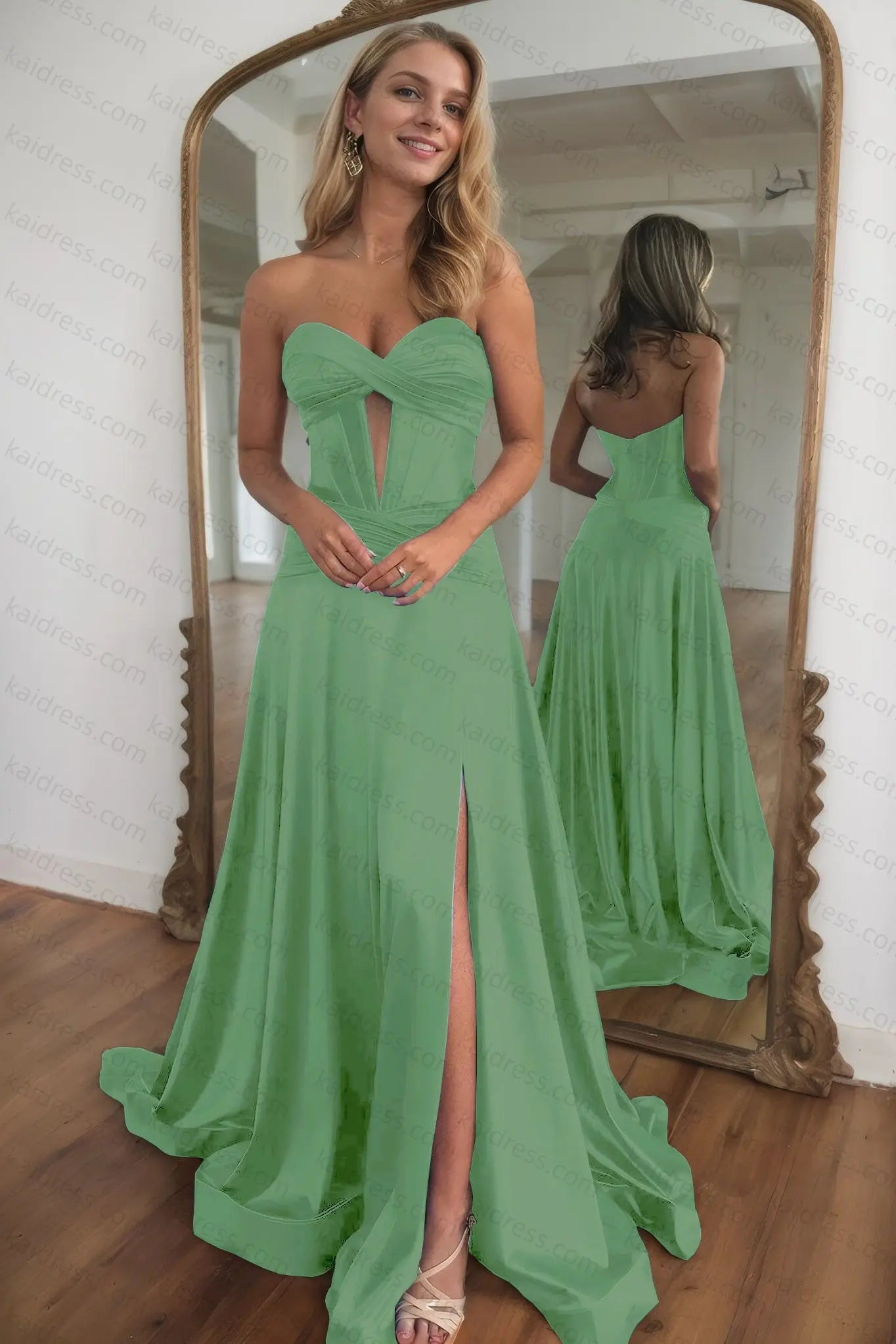 A-line Strapless Silk Long Blue Prom Dresses Elegant Evening Dress - KAIDRESS
