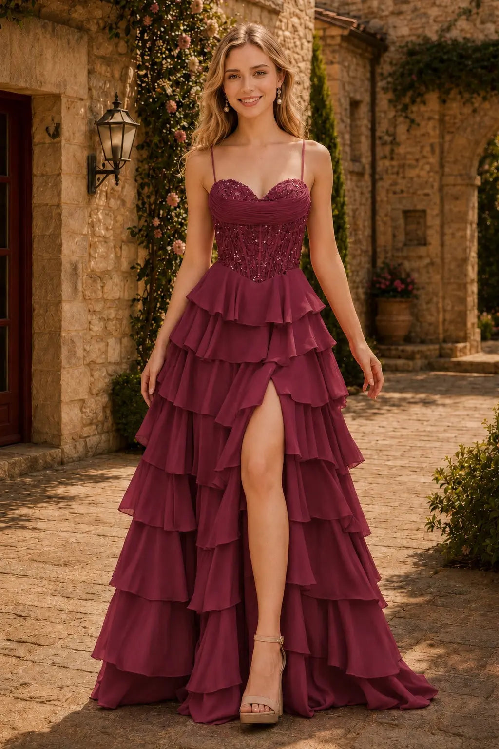 Spaghetti Straps Sweetheart Embellished Corset Chiffon Slit Ruffle Prom Dress with Detachable Straps KAIDRESS