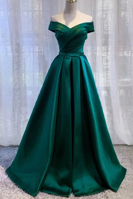 Off Shoulder Satin Green Prom Dresses Simple Long Princess Evening Gowns