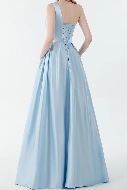 One Shoulder Pocket Satin Long Black Prom Dress Formal Evening Gowns