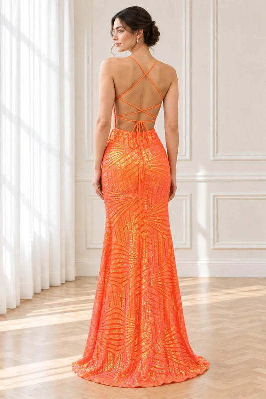 Orange Sequin V-Neck Prom Dress with Open Criss-Cross Back & High Slit