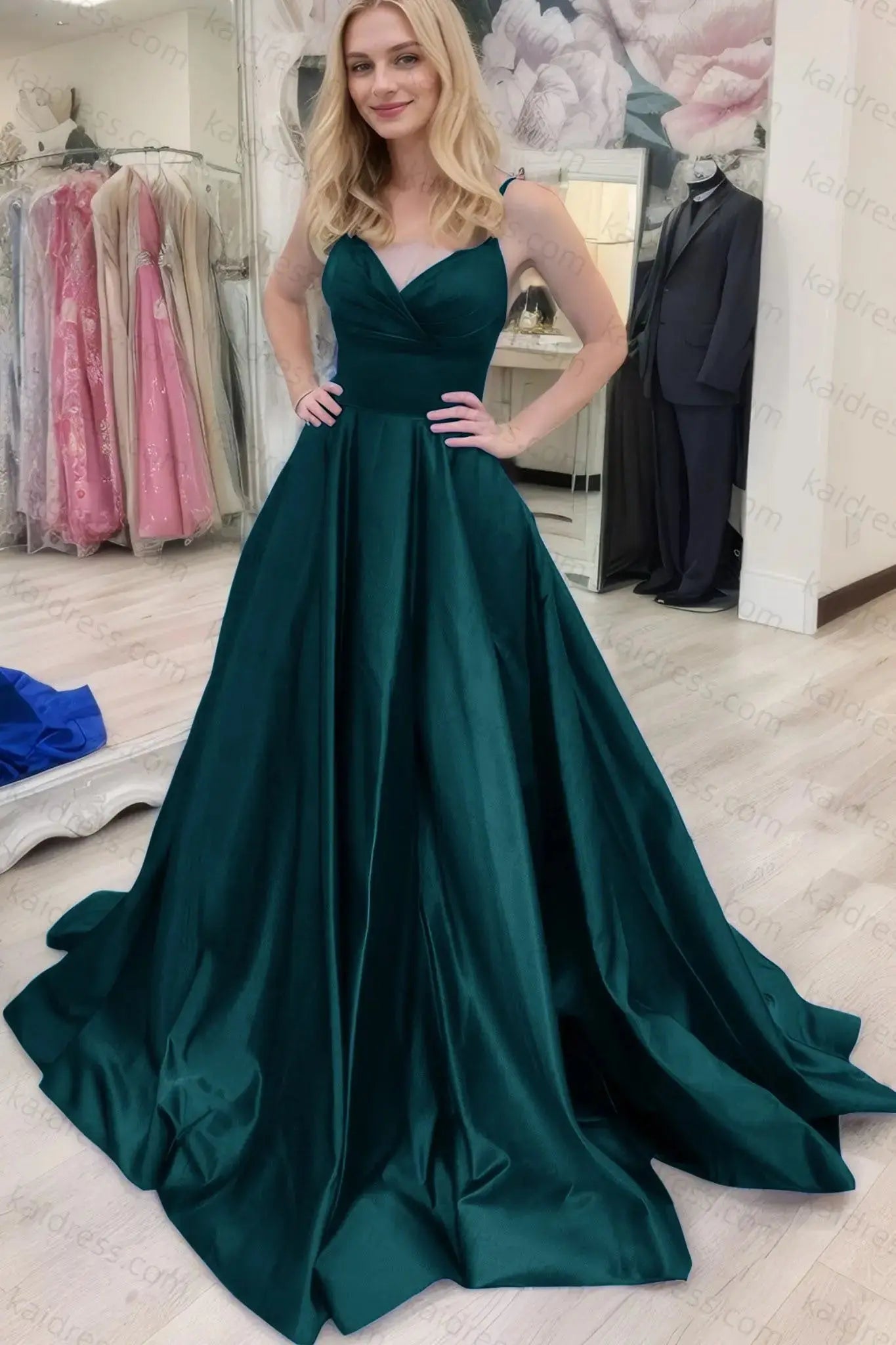 A-line V Neck Sleeveless Court Train Satin Prom Dresses With Bowknot Pleated Waistband - KAIDRESS