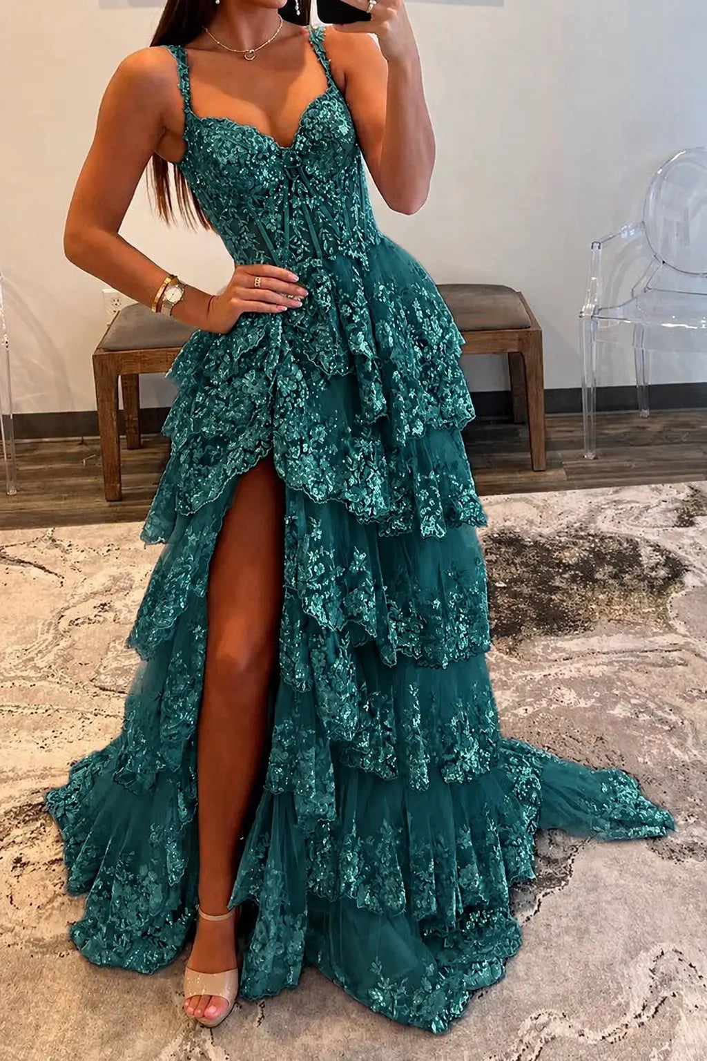 A Line Tulle Lace Halter Lilac Tiered Prom Dress Formal Evening Gowns