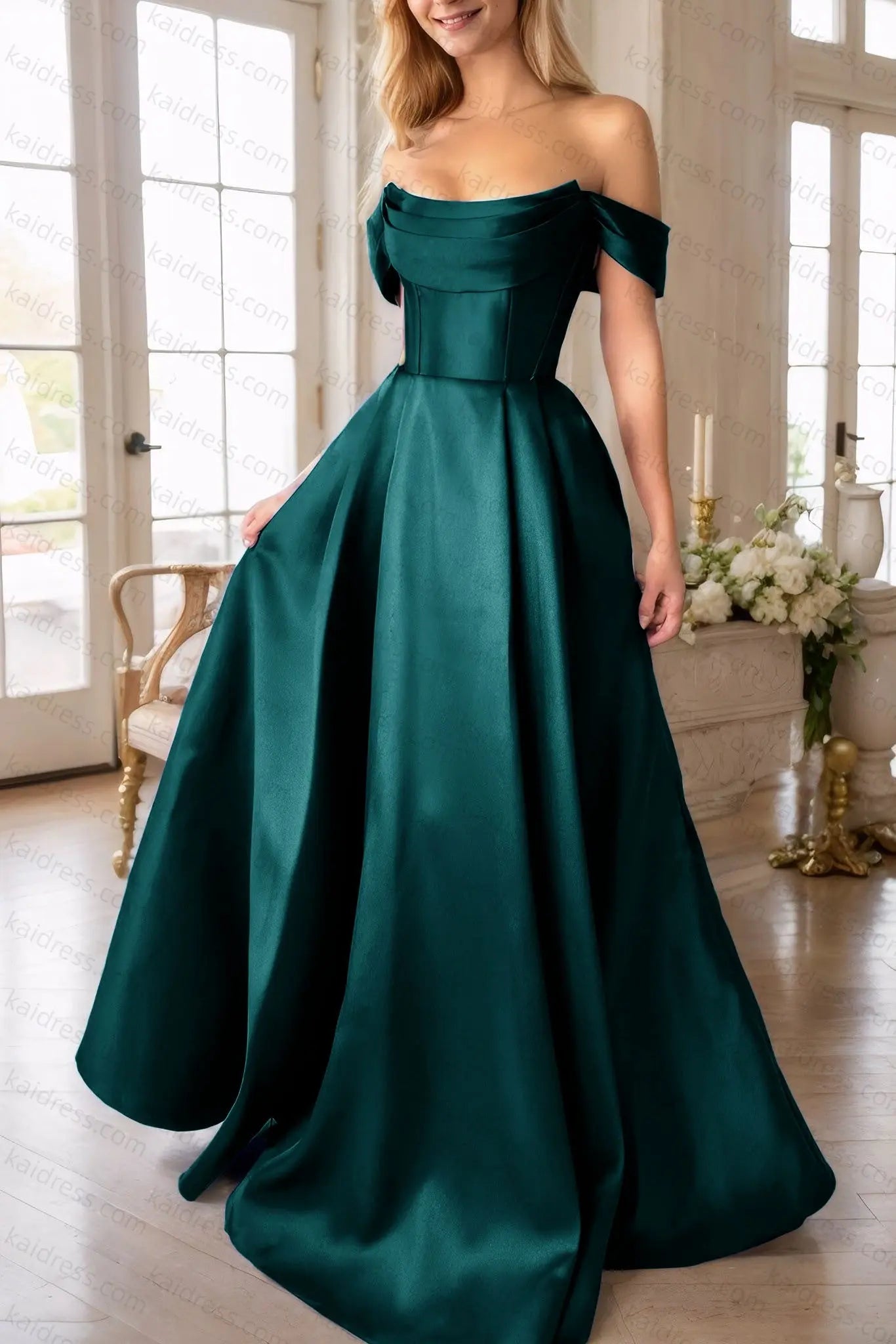A-Line Satin Long Prom Dress, Simple Off the Shoulder Evening Party Dress With Pockets - KAIDRESS