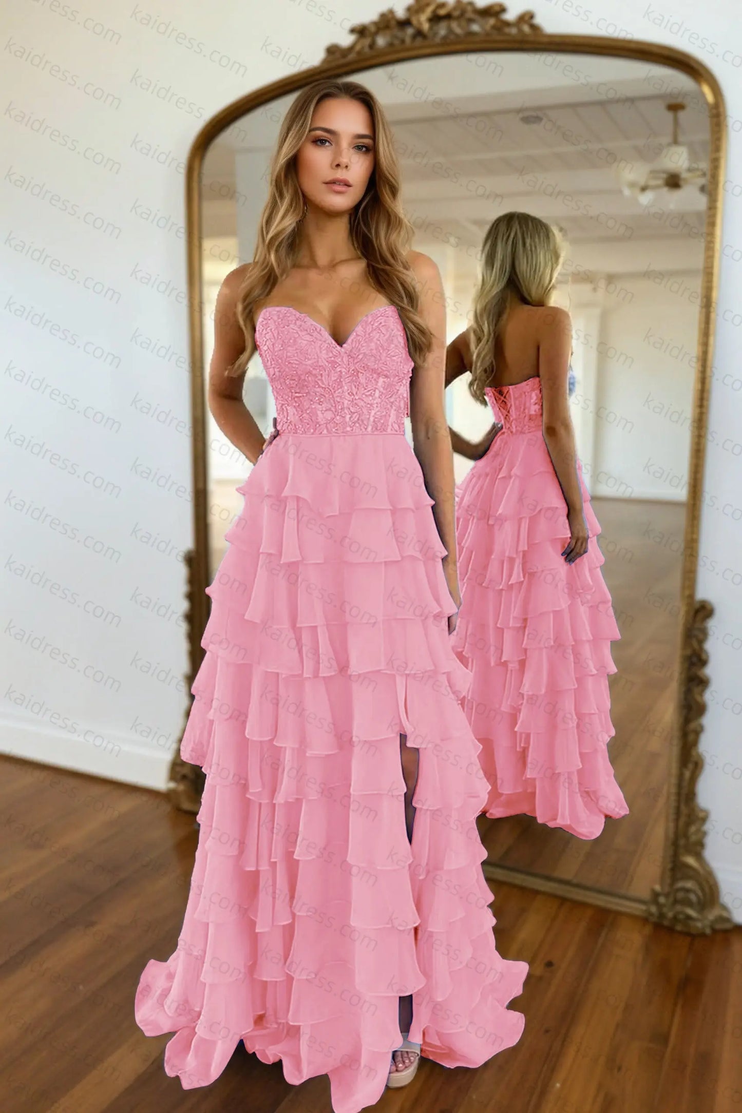 A-line/Princess Chiffon Fuchsia Sweetheart Tiered Ruffles Prom Dress with Slit Applique - KAIDRESS