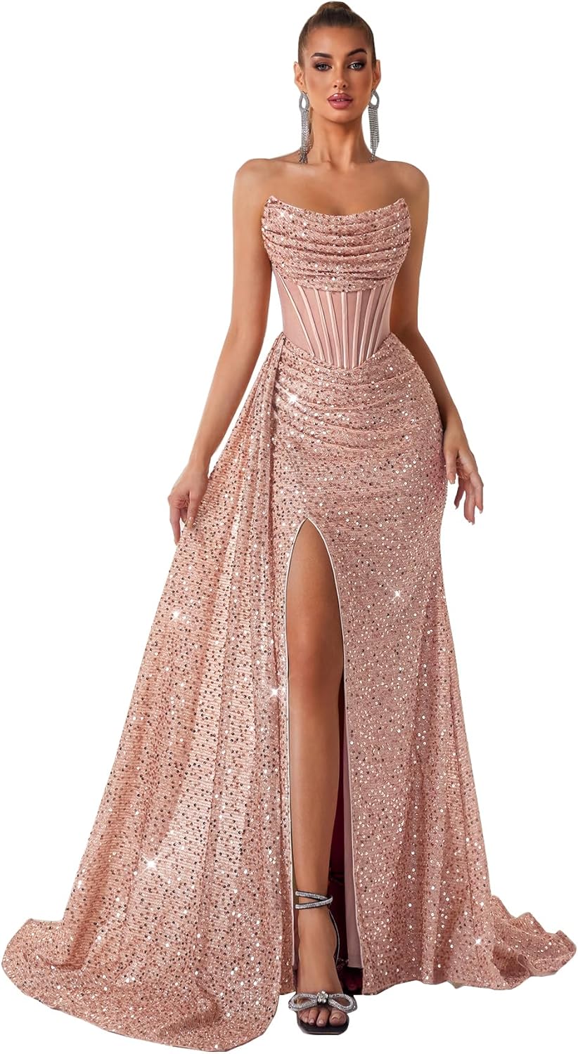 Mermaid Sequin Strapless Red Long Formal Prom Dresses Corset Split Ball Gowns