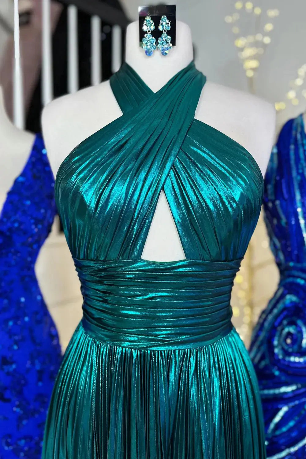 Pleats Green Formal Prom Dresses Long Halter Princess Evening Gowns