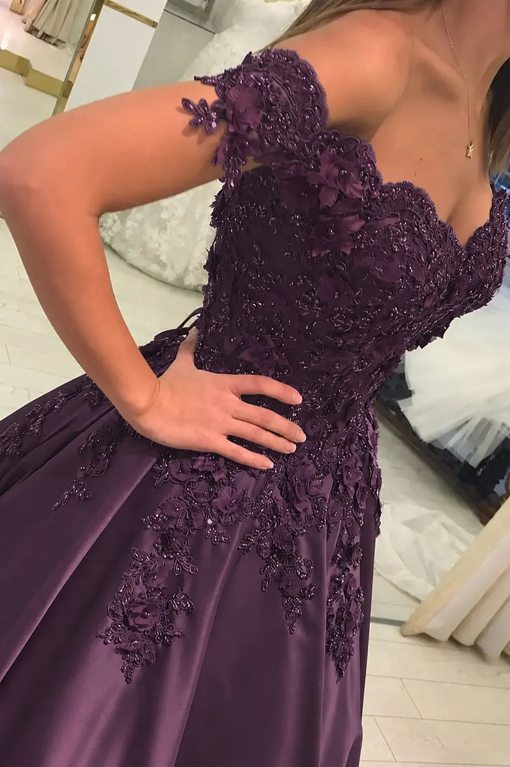 Appliqued Off-The-Shoulder Satin Princess Prom Dress With Beads