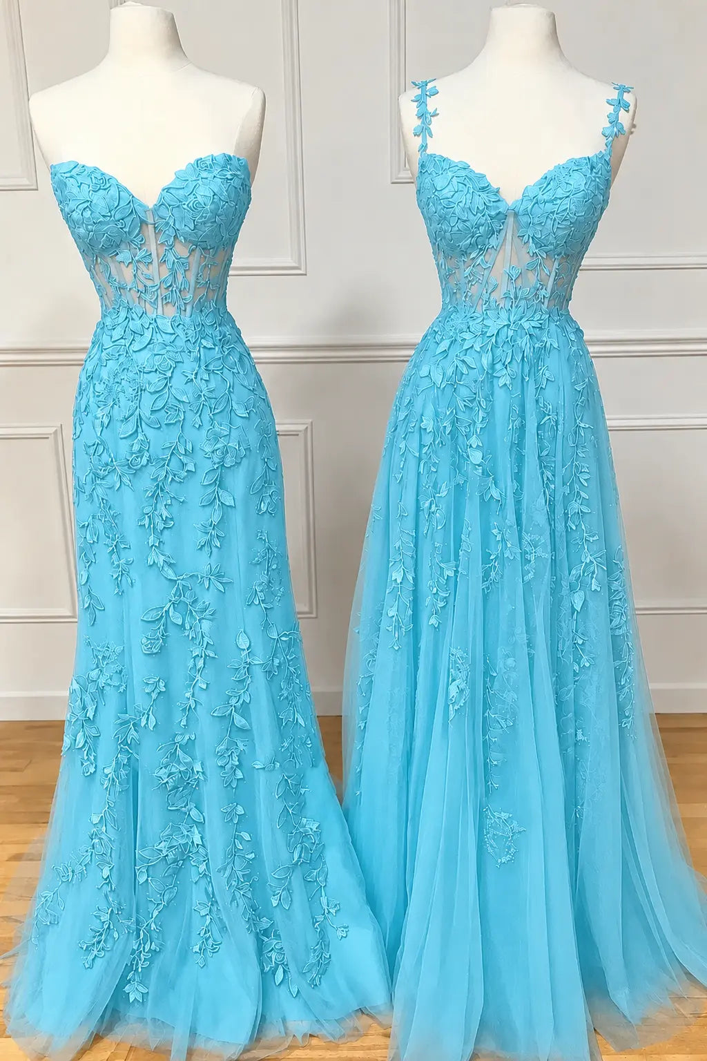 A-line Sweetheart Spaghetti Straps Sweep Train Lace Prom Dress With Beading Kaidress