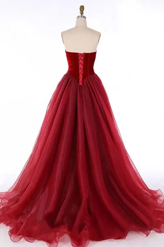 Princess Organza Strapless Long Red Prom Dresses Formal Evening Gowns