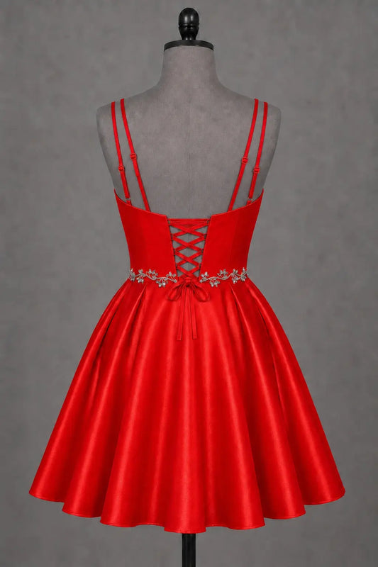 Red V Neck Satin Mini A Line Homecoming Dress With Pockets