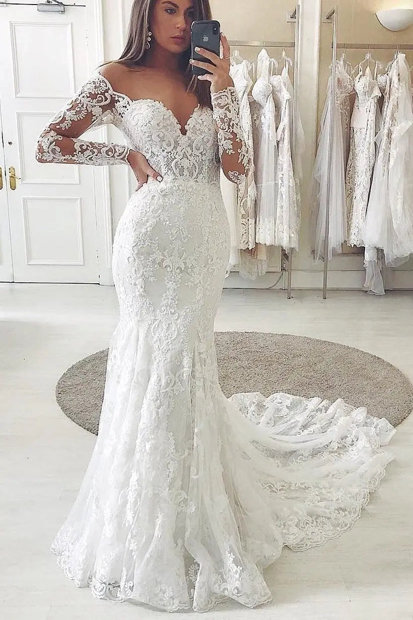 Trumpet/Mermaid Tulle Applique Off-the-Shoulder Long Sleeves Chapel Train Wedding Dresses - KAIDRESS